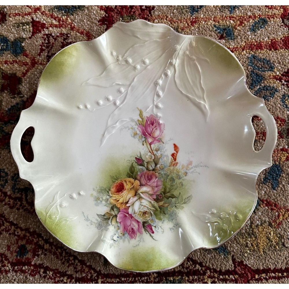 Antique RS Prussia Cakeplate Lily of Valley Embossing‎ w/ Rose Design 12"